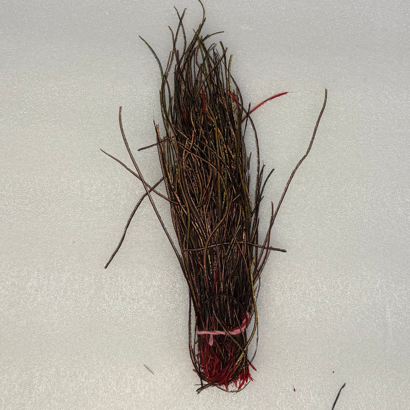 Peacock herl feather bundle, brown fibers with red tied base