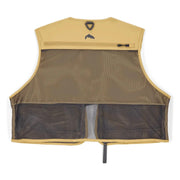 Simms fly fishing vest, tan mesh back panel with dark lower section and center strap
