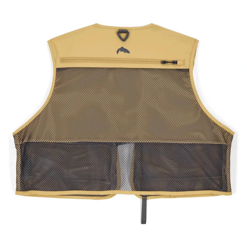 Simms fly fishing vest, tan mesh back panel with dark lower section and center strap