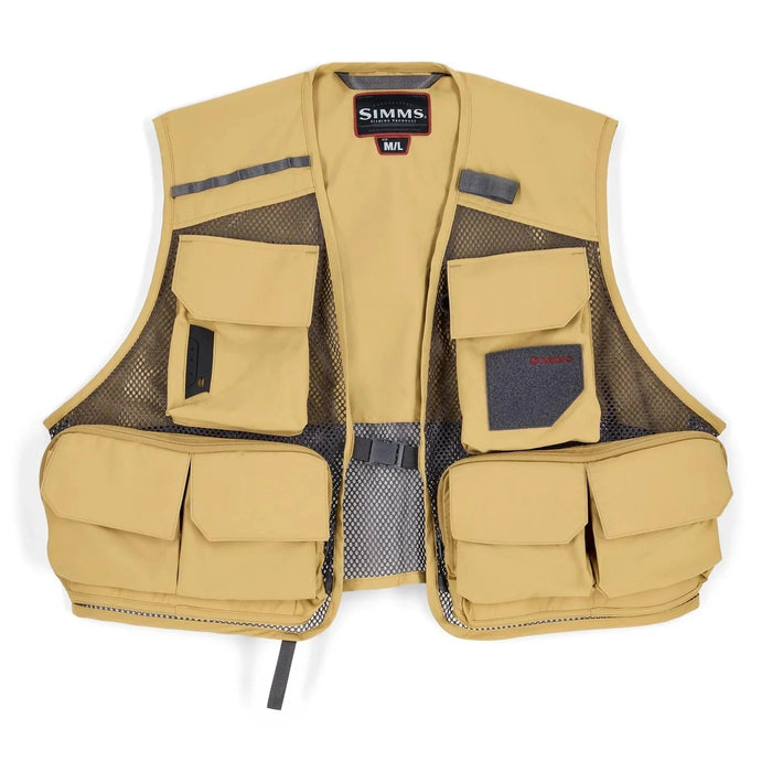 Beige fishing vest with multiple pockets and a visible brand logo on a white background