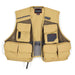 Beige fishing vest with multiple pockets and a visible brand logo on a white background