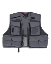 Simms fly fishing vest, dark gray with mesh panels and stacked front cargo pockets