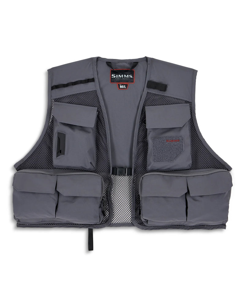 Simms fly fishing vest, dark gray with mesh panels and stacked front cargo pockets