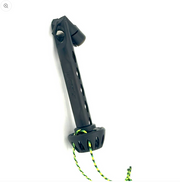 Black plastic fly roost with perforated body, circular base, and neon green tie cords