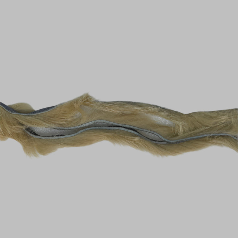 Zonker strips in tan, long wavy fur strip with stitched-looking center line