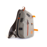 Water-resistant submersible sling bag, light gray with orange trim and front storage pockets