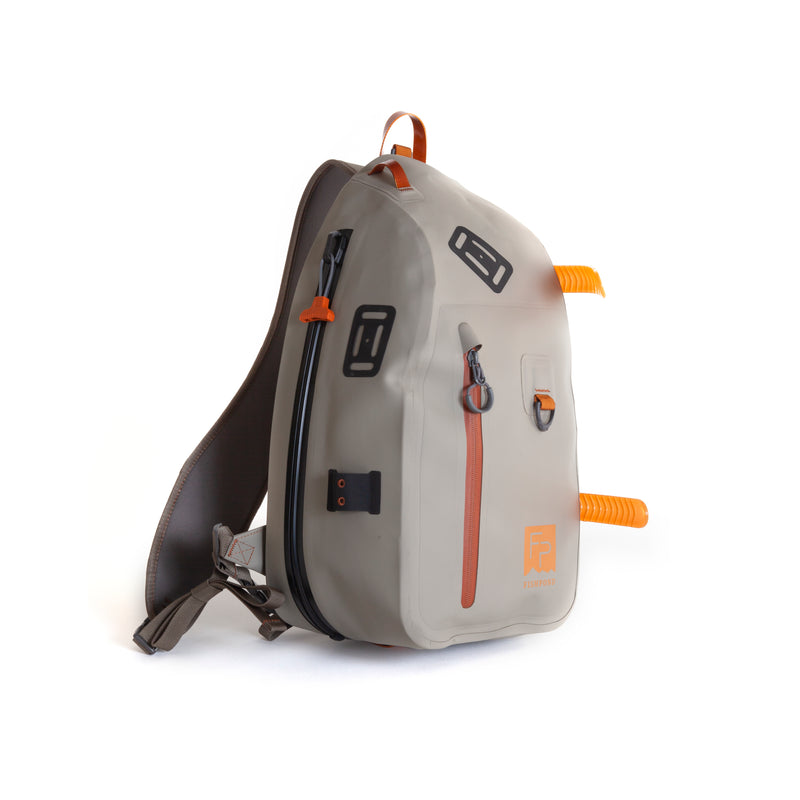 Water-resistant submersible sling bag, light gray with orange trim and front storage pockets