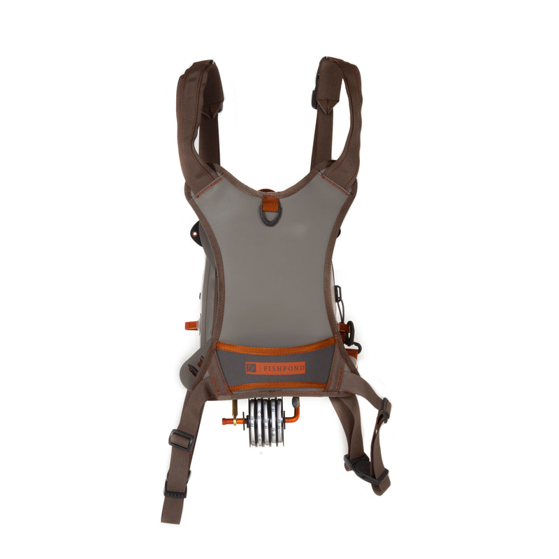 Thunderhead chest pack with gray front panel, orange clips, and fork holder