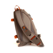 Sling bag side view in light gray with orange accents, padded strap and zip pocket
