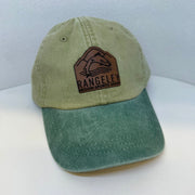 Khaki cap with green bill, brown leather patch logo on front