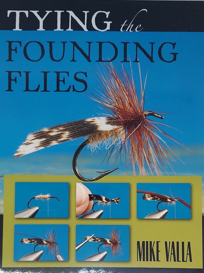 Fly-tying book cover: fly illustration, 'Tying the Founding Flies' by Mike Valla