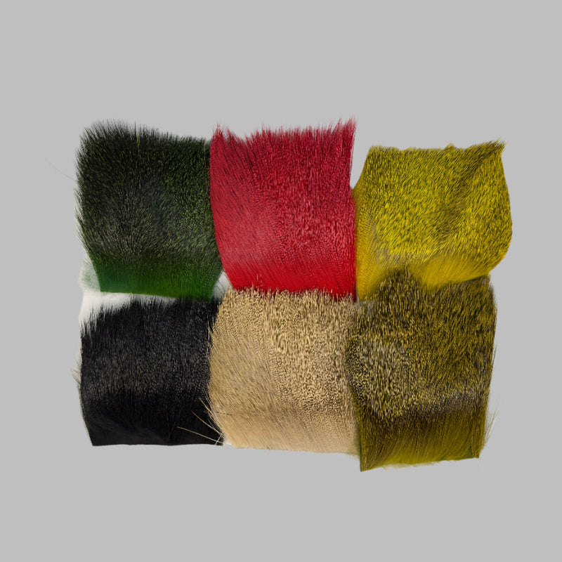Assorted deer hair patches in green, red, yellow, black, and tan blocks