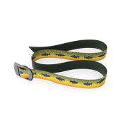 Reversible belt showing forest green underside and bright yellow fish-pattern strap, buckle visible