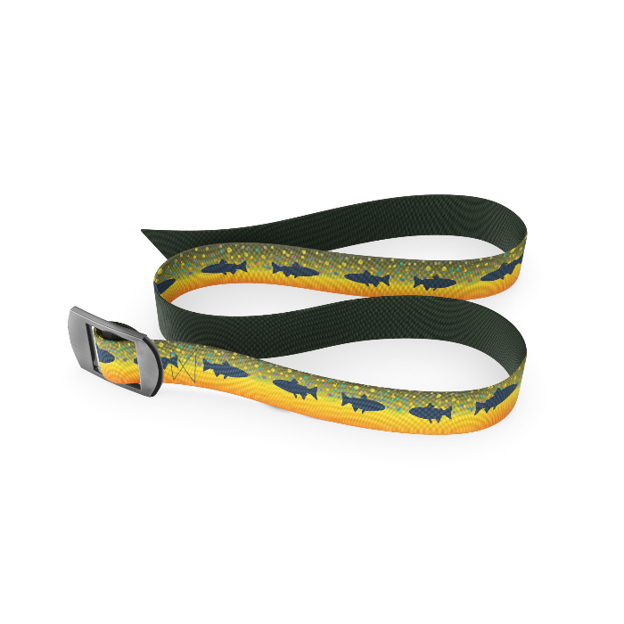 Reversible belt showing forest green underside and bright yellow fish-pattern strap, buckle visible