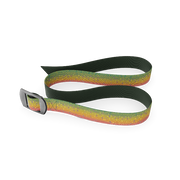 Reversible belt with forest green strap and multicolor fish-pattern side, buckle visible