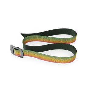 The Wingo belt that has brook trout design on one side and reverses to forest green
