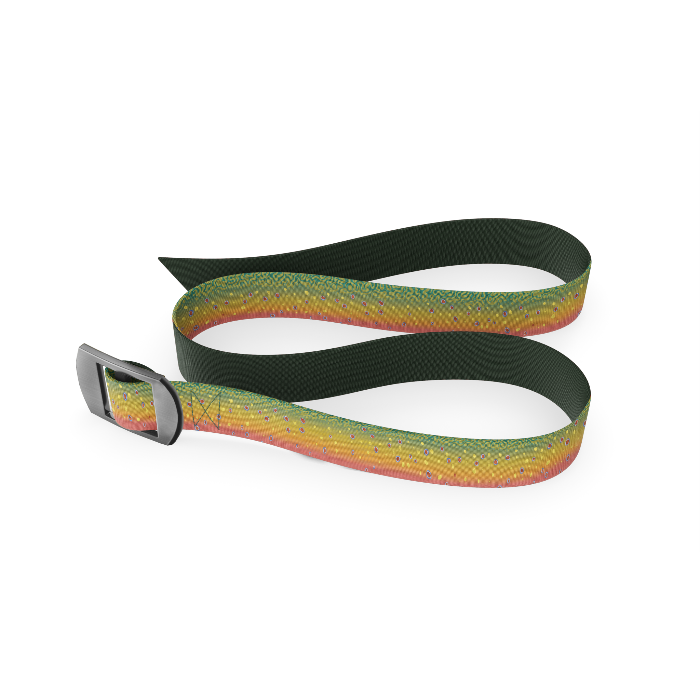The Wingo belt that has brook trout design on one side and reverses to forest green