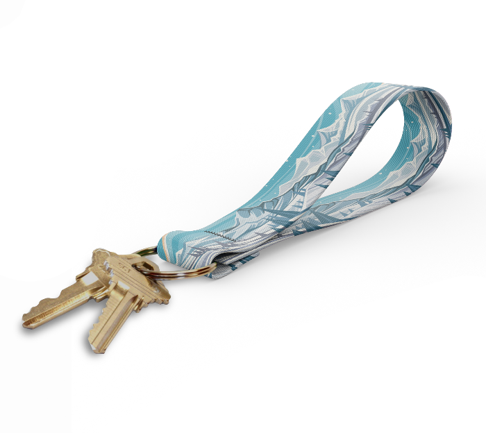 Key fob with blue patterned strap and gold keyring, keys attached