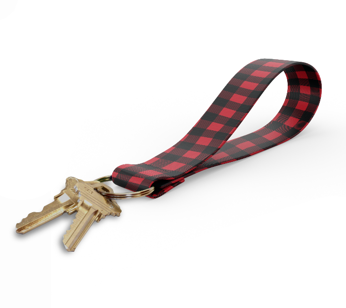 Key fob with red and black plaid strap and gold keyring, keys attached