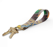 Wingo key fob with multicolor patterned fabric strap and metal keyring, keys attached
