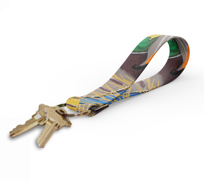 Wingo key fob with multicolor patterned fabric strap and metal keyring, keys attached