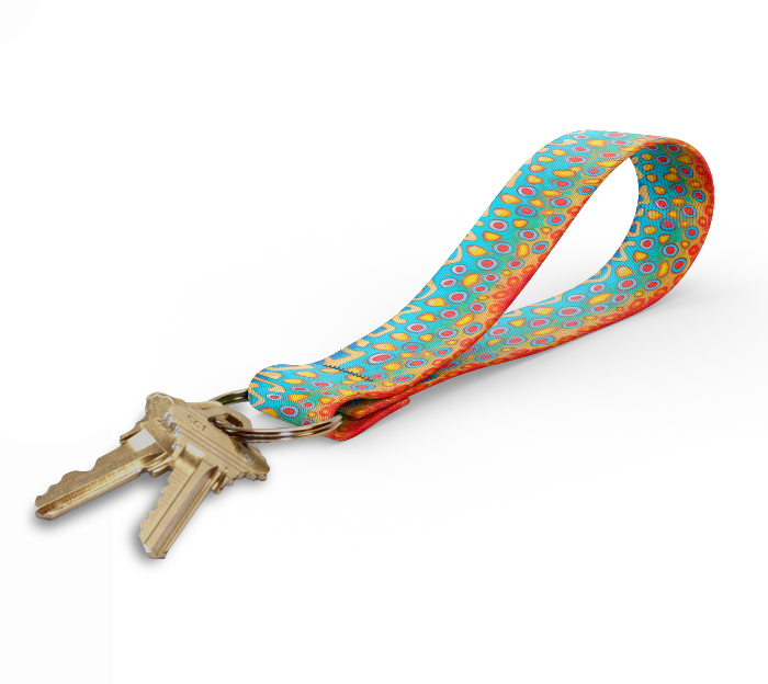 a key fob with DeYoung's bright brook trout pattern on the strap