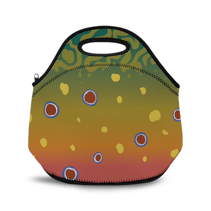 back of neoprene lunch bag with zippered closure and tree with brook trout design