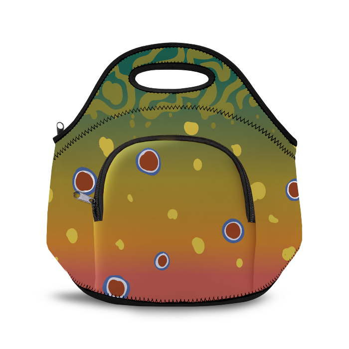 front of neoprene lunch bag with zippered closure and tree with brown trout design