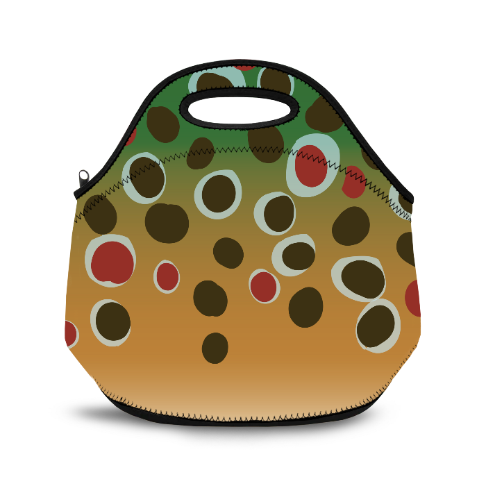 back of neoprene lunch bag with zippered closure and tree with brown trout design