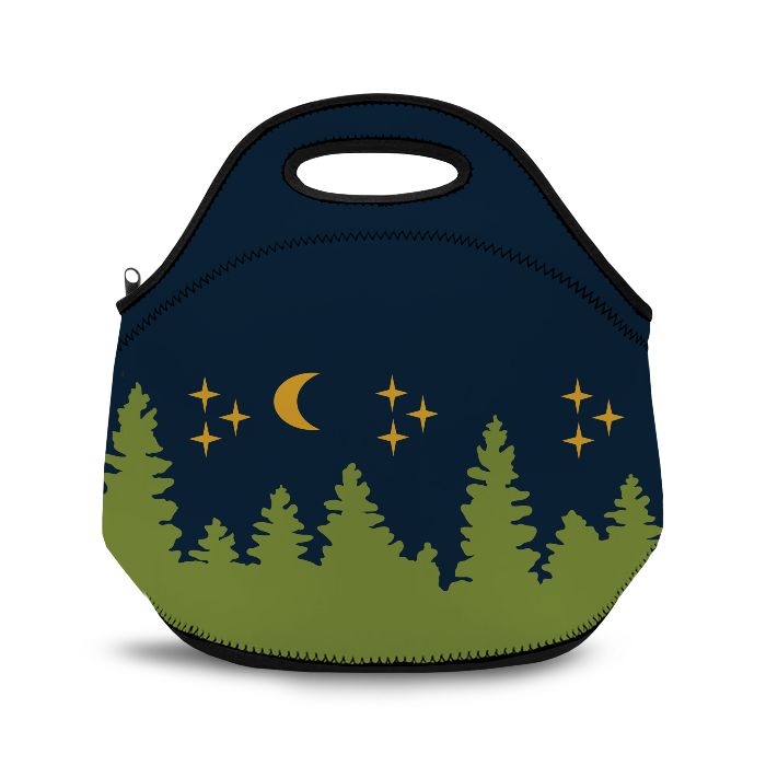 back of neoprene lunch bag with zippered closure and tree with night sky design