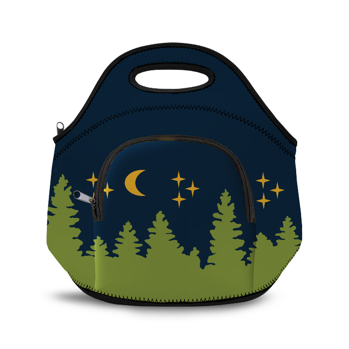 front of neoprene lunch bag with zippered closure and tree with night sky design