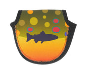 Wingo fly reel case pouch with fish silhouette on orange bottom and multicolor dot background