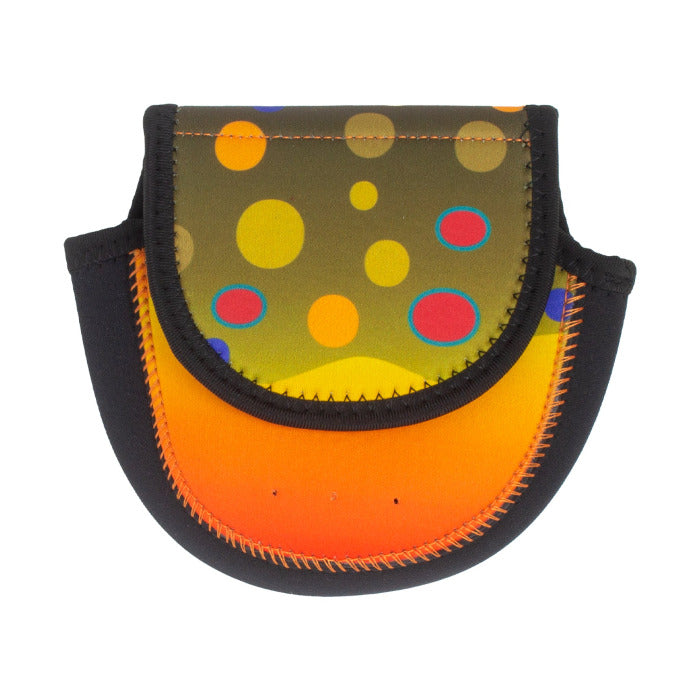 Wingo fly reel case pouch with black exterior and orange bottom, yellow dot pattern inside