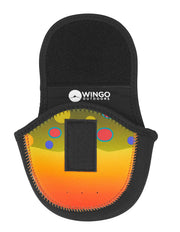 Wingo fly reel case pouch with black top, Wingo Outdoors label, colorful gradient interior