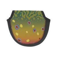back of a wingo neoprene fly reel case in brook trout pattern