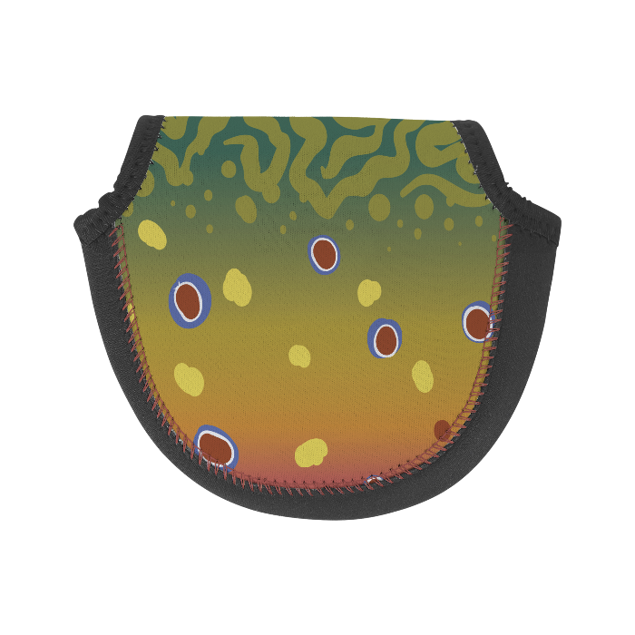 back of a wingo neoprene fly reel case in brook trout pattern
