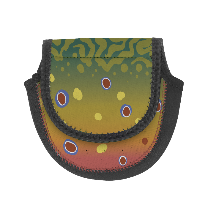 Wingo fly reel case pouch with green camo pattern, circular accents, and black trim