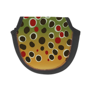 Wingo fly reel case pouch with green spotted pattern and black half-moon shape, stitched edge