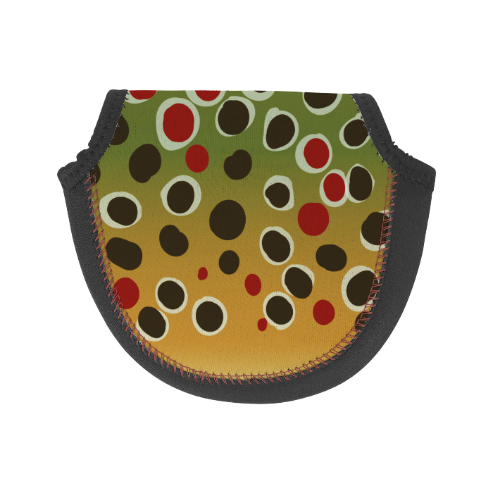 Wingo fly reel case pouch with green spotted pattern and black half-moon shape, stitched edge