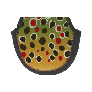 a wingo neoprene fly reel case in brown trout pattern - back of case