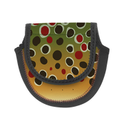 Wingo fly reel case pouch with green background and multicolor spot pattern, black edging