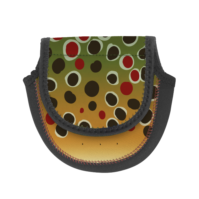 Wingo fly reel case pouch with green background and multicolor spot pattern, black edging
