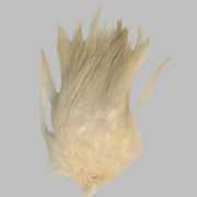 Strung rooster saddle feathers, light cream with soft barbs and quills.