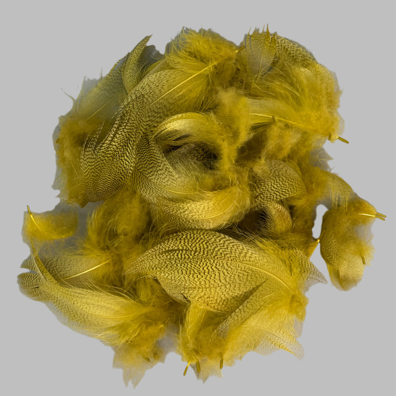 Feather flank bag with yellow mallard feathers and olive accents, clustered