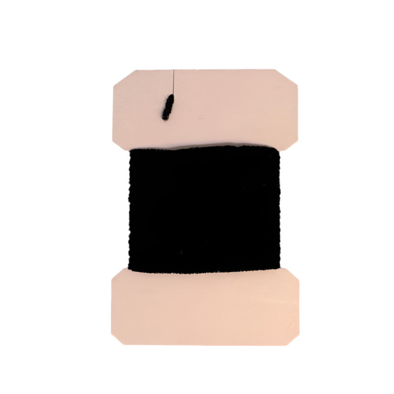 Fine rayon chenille thread spool in black with top and bottom pads