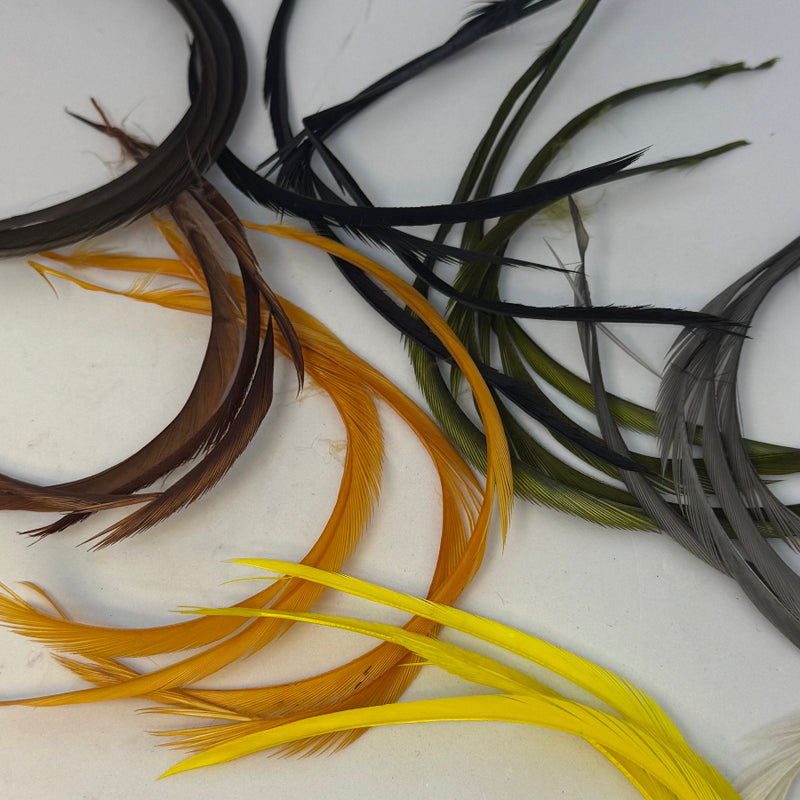 Biot feathers with yellow, black, and olive-green strands