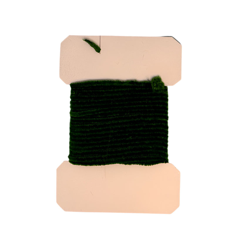 Fine rayon chenille thread spool in dark green with top and bottom pads