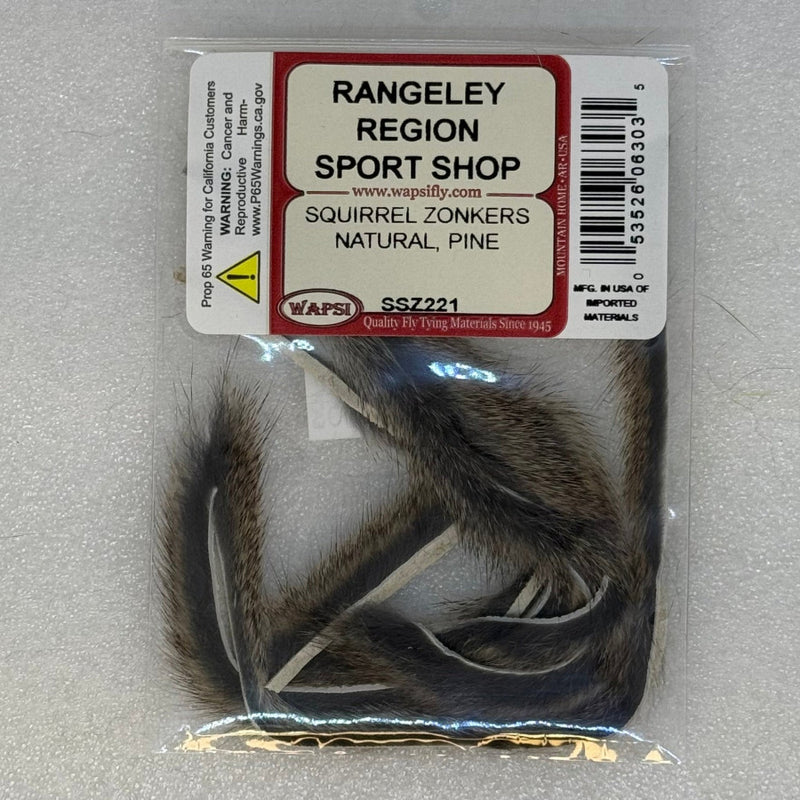Packed squirrel zonkers bundle with natural gray-brown fur tufts in plastic