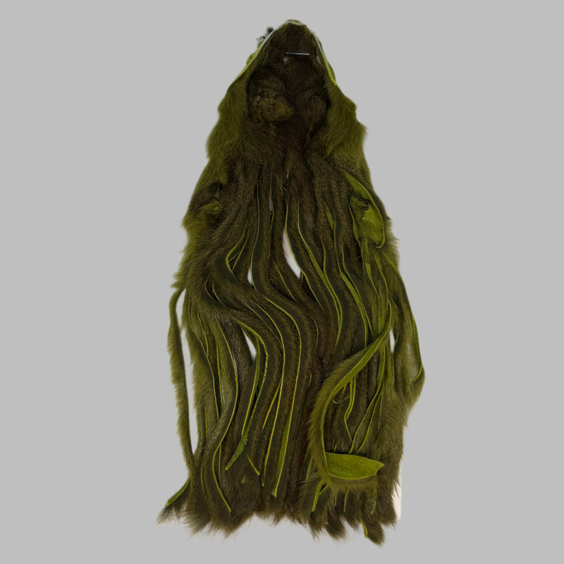 Olive green squirrel zonkers, fan-shaped fur strip with tapered ends