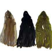 Squirrel zonkers in natural, black, and olive tones, fan-shaped fur pieces